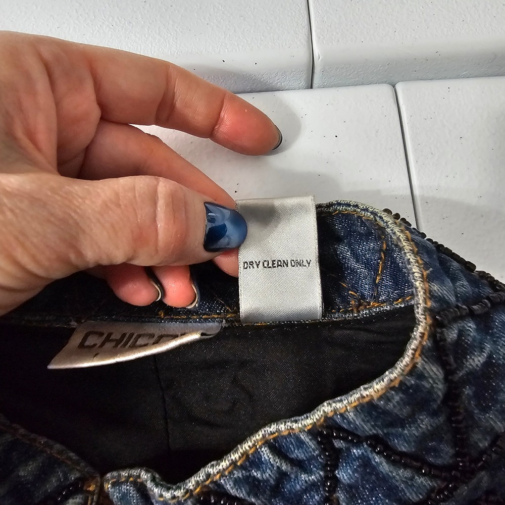 Chicos Heavily Beaded Denim Jacket L Blue Art to Wear Bohemian Paisley Artsy - Picture 11 of 12